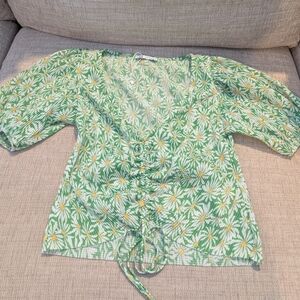 Zara New Daisy Boho Top Green Yellow Flowers Medium puff sleeve